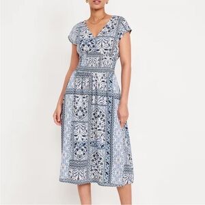 Old Navy Blue Paisley Print Waist-Defined Smocked Midi Dress Size XL Petite